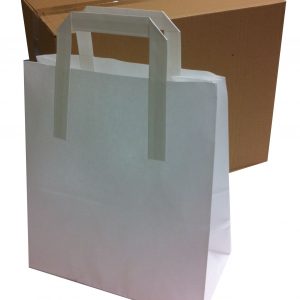 (WHITE) Paper SOS Carrier Bags with Flat Handles Block Bottom 10″x12″+5.5″ (250mm x 300mm + 140mm) – LARGE